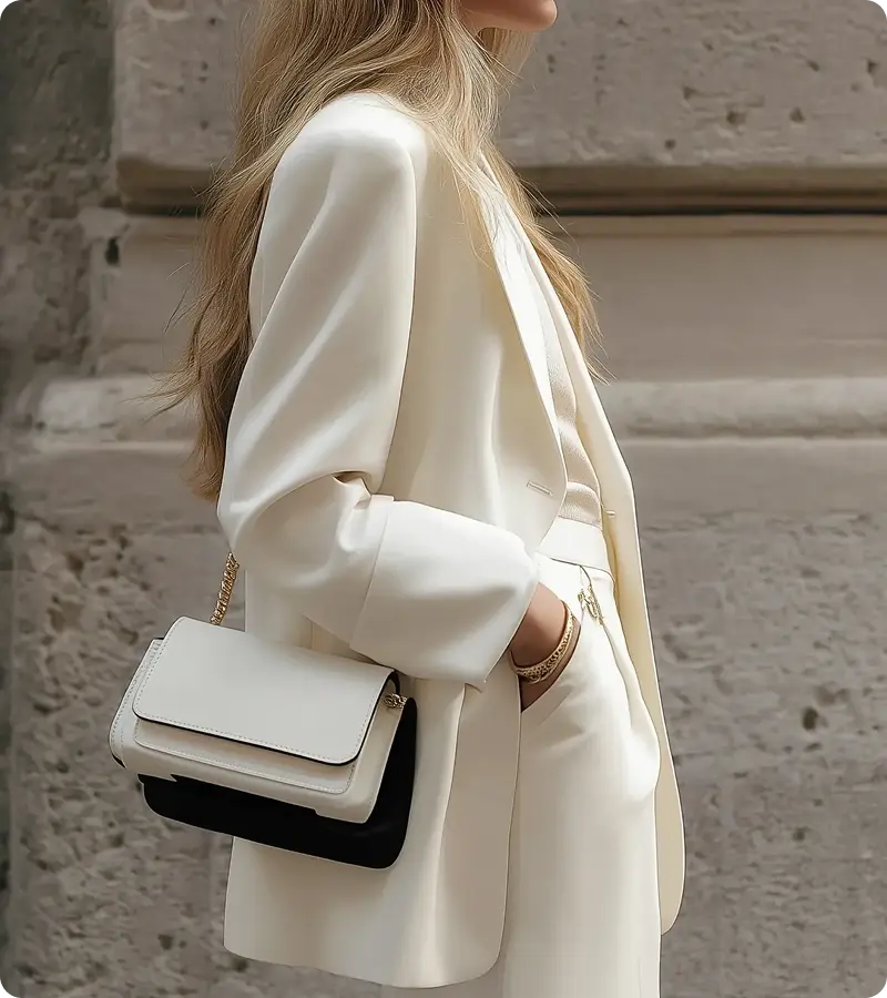 Woman in elegant cream suit with handbag