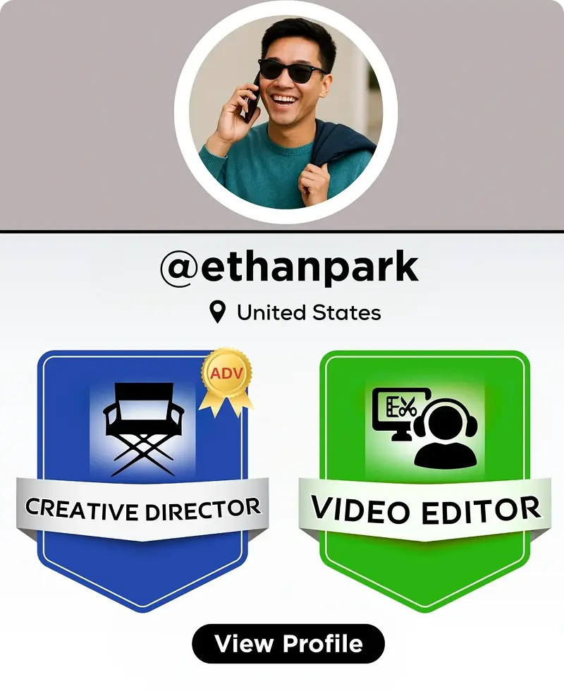 Creative Director and Video Editor badges.