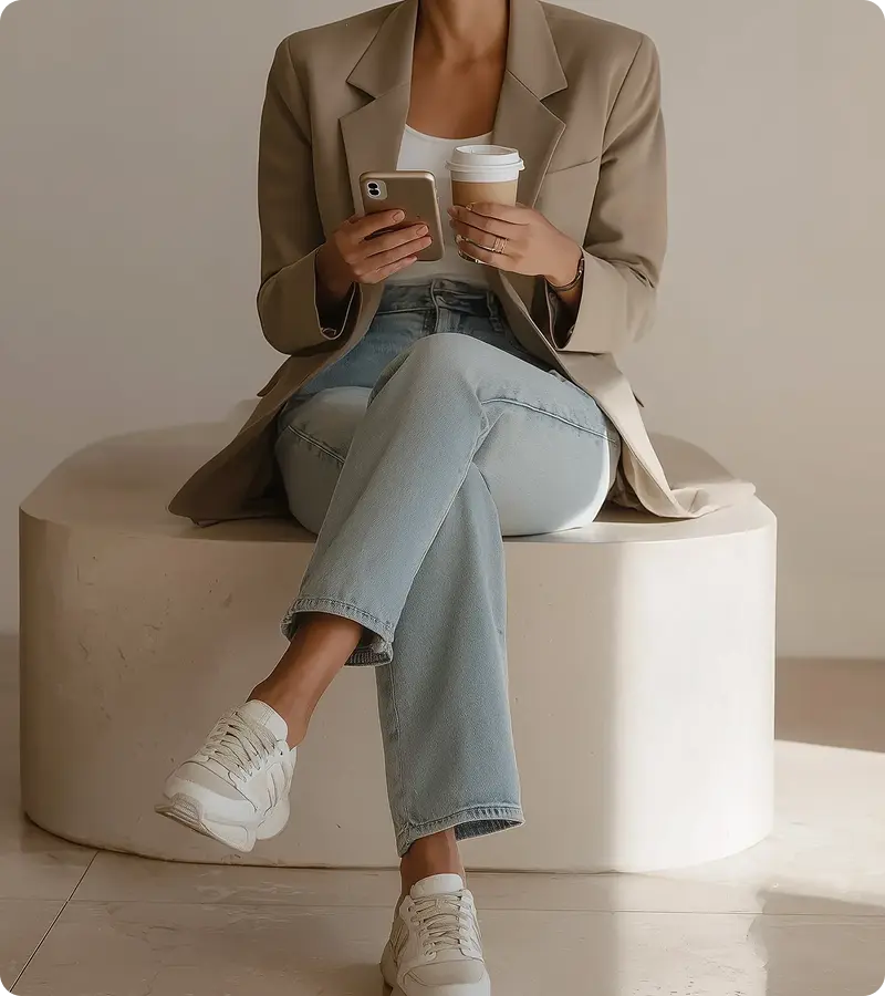Relaxed sitting with coffee and smartphone