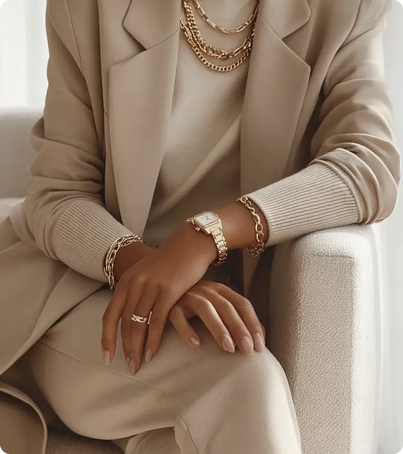 Elegant woman in beige suit and jewelry
