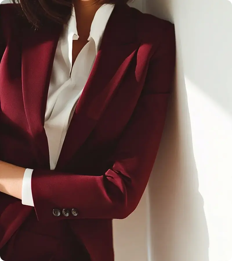 Woman in maroon blazer leaning against wall