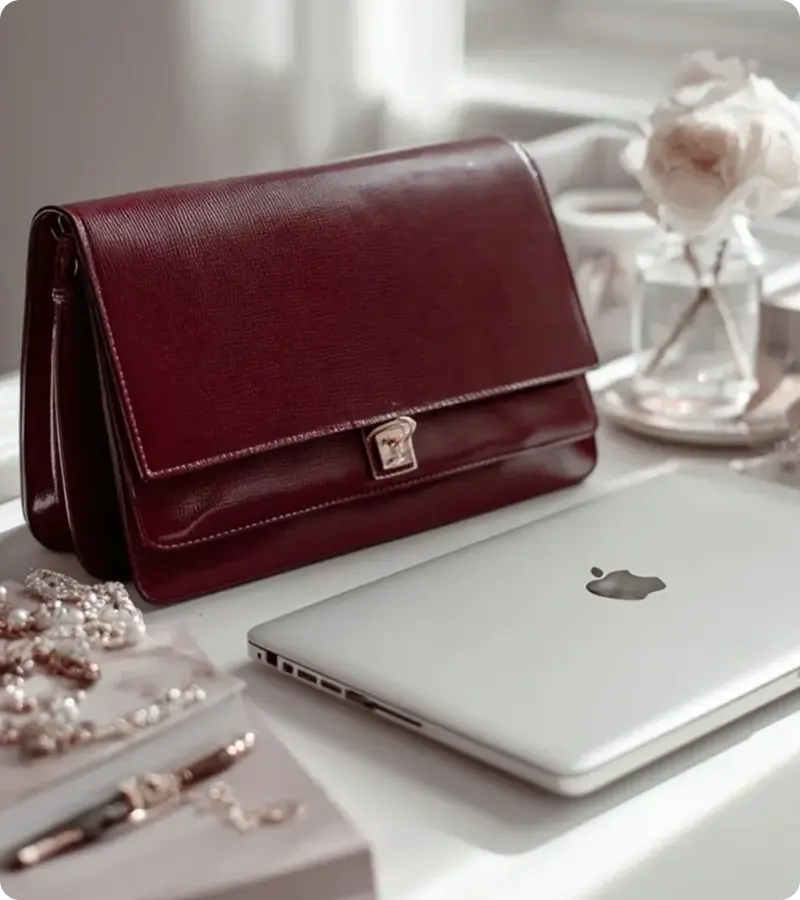Elegant burgundy purse beside a laptop