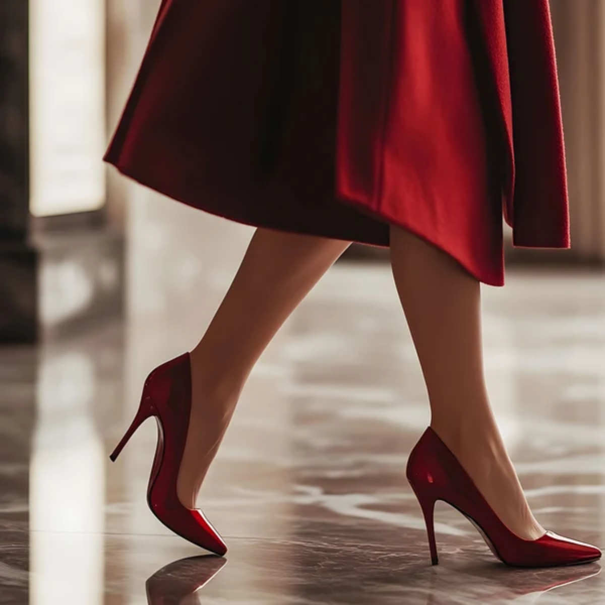 Elegant red shoes on marble floor