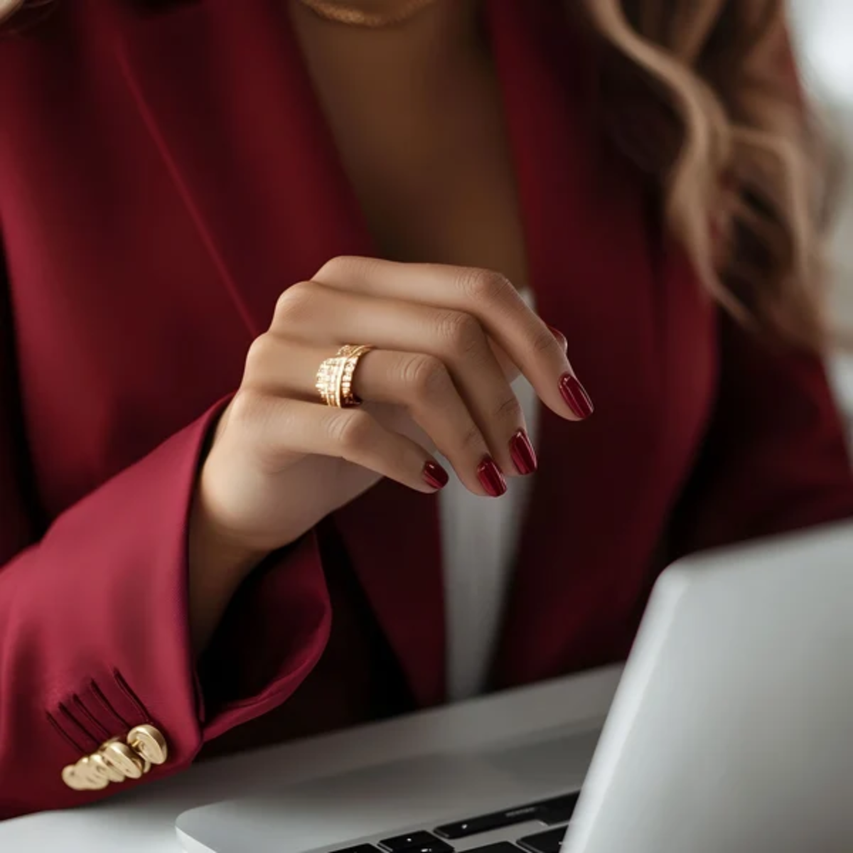Woman in red blazer with laptop