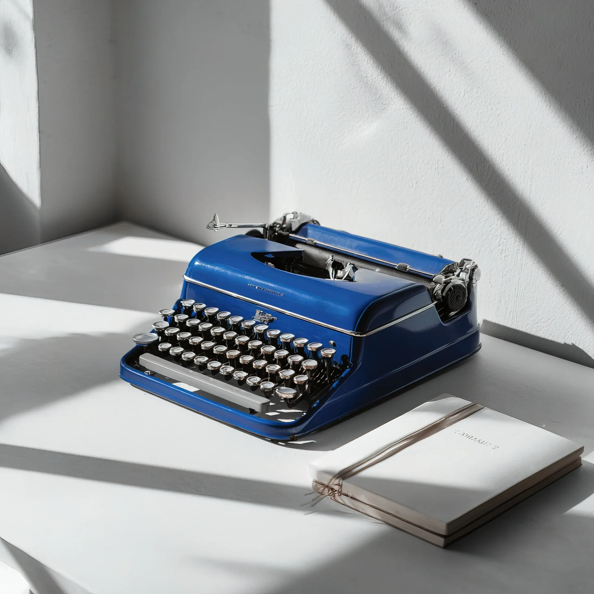 Sunlight casting shadows on blue typewriter